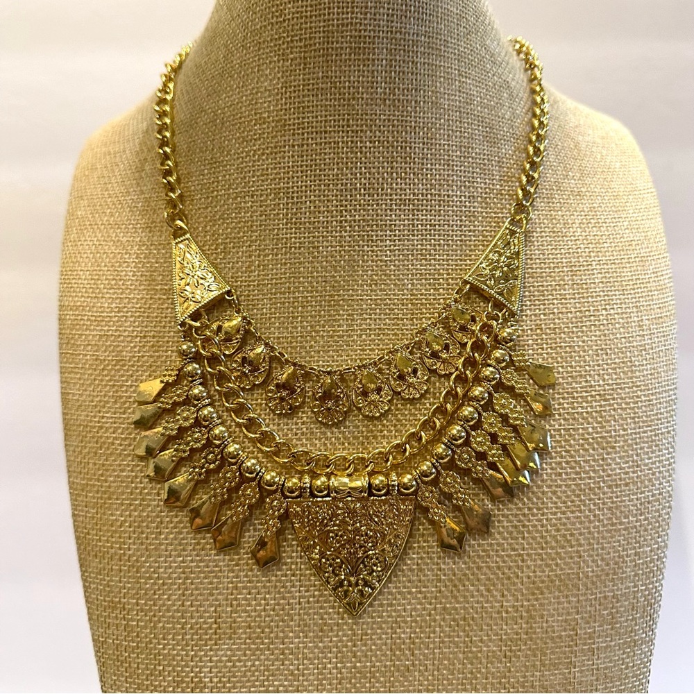 New Egyptian Style Bib Statement Necklace gold tone w/ beads & dangles